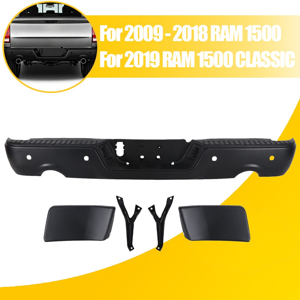 Black Rear Bumper For 2009-2018 Dodge RAM 1500 w/ Dual Exhaust & Sensor Holes