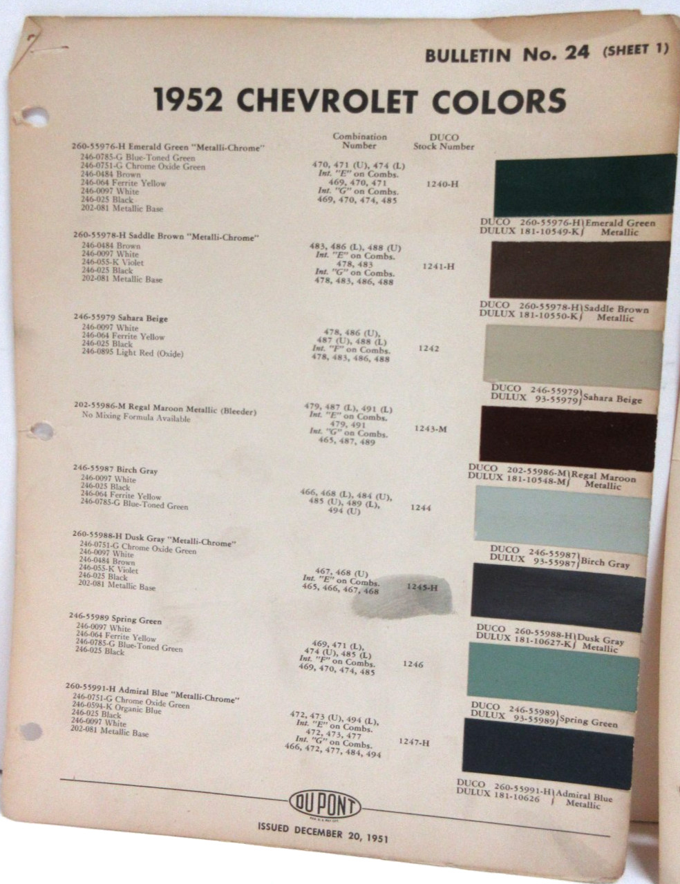 1952 Chevrolet Cars All Models Paint Chip Chart 1952 Chevrolet Cars All Models Paint Chip Chart