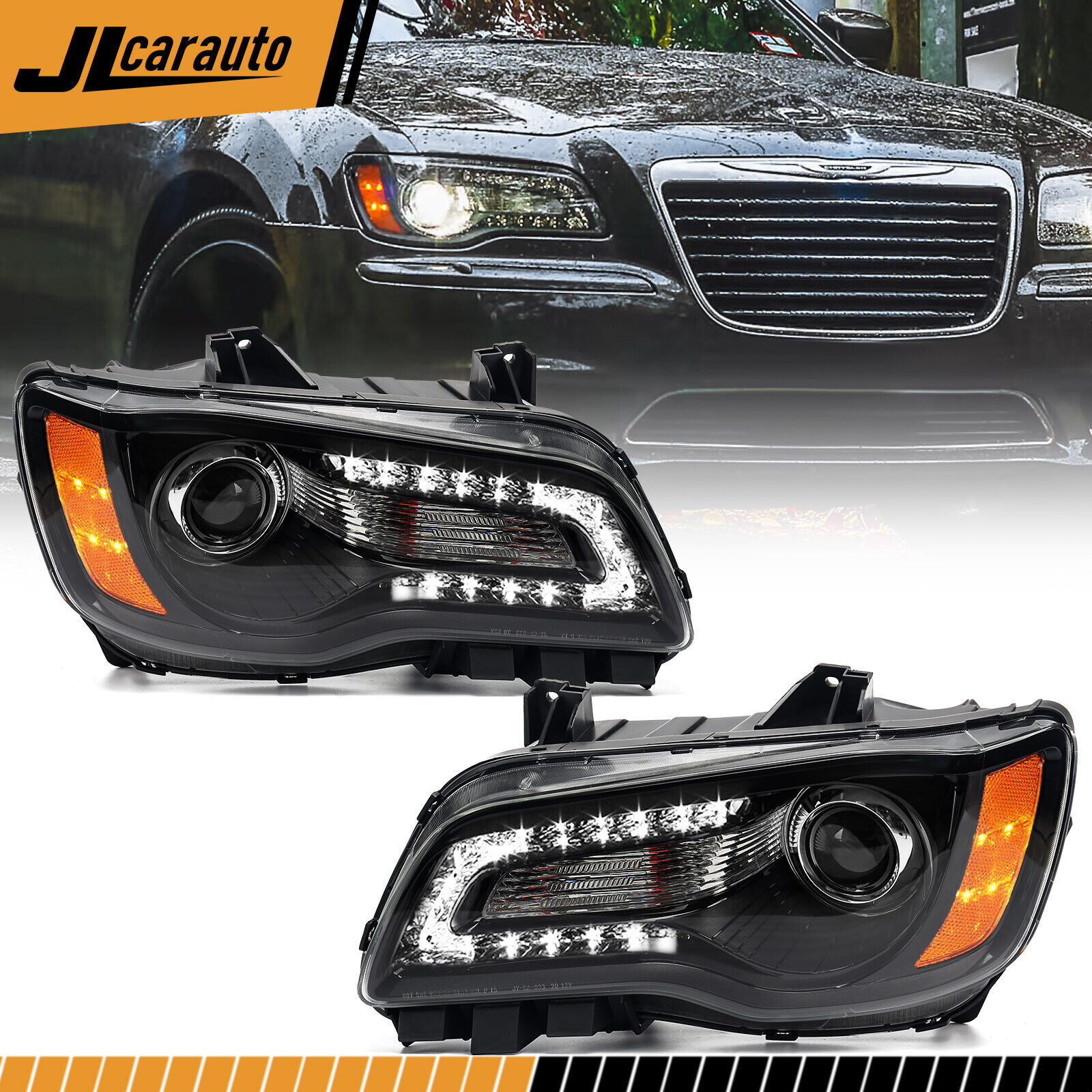 2PCS Headlights For 2011-2014 Chrysler 300 Black LED DRL Projector Headlamp Pair
