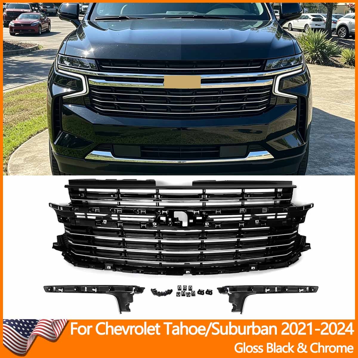 Fits 2021-2024 Chevrolet Tahoe Suburban Front Upper Grille Gloss Black & Chorme