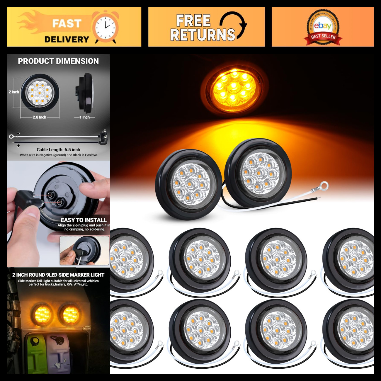 10 Pcs 2” Amber LED Marker Lights - Waterproof Round Clearance Lights w/ Reflect 10 Pcs 2” Amber LED Marker Lights - Waterproof Round Clearance Lights w/ Reflect