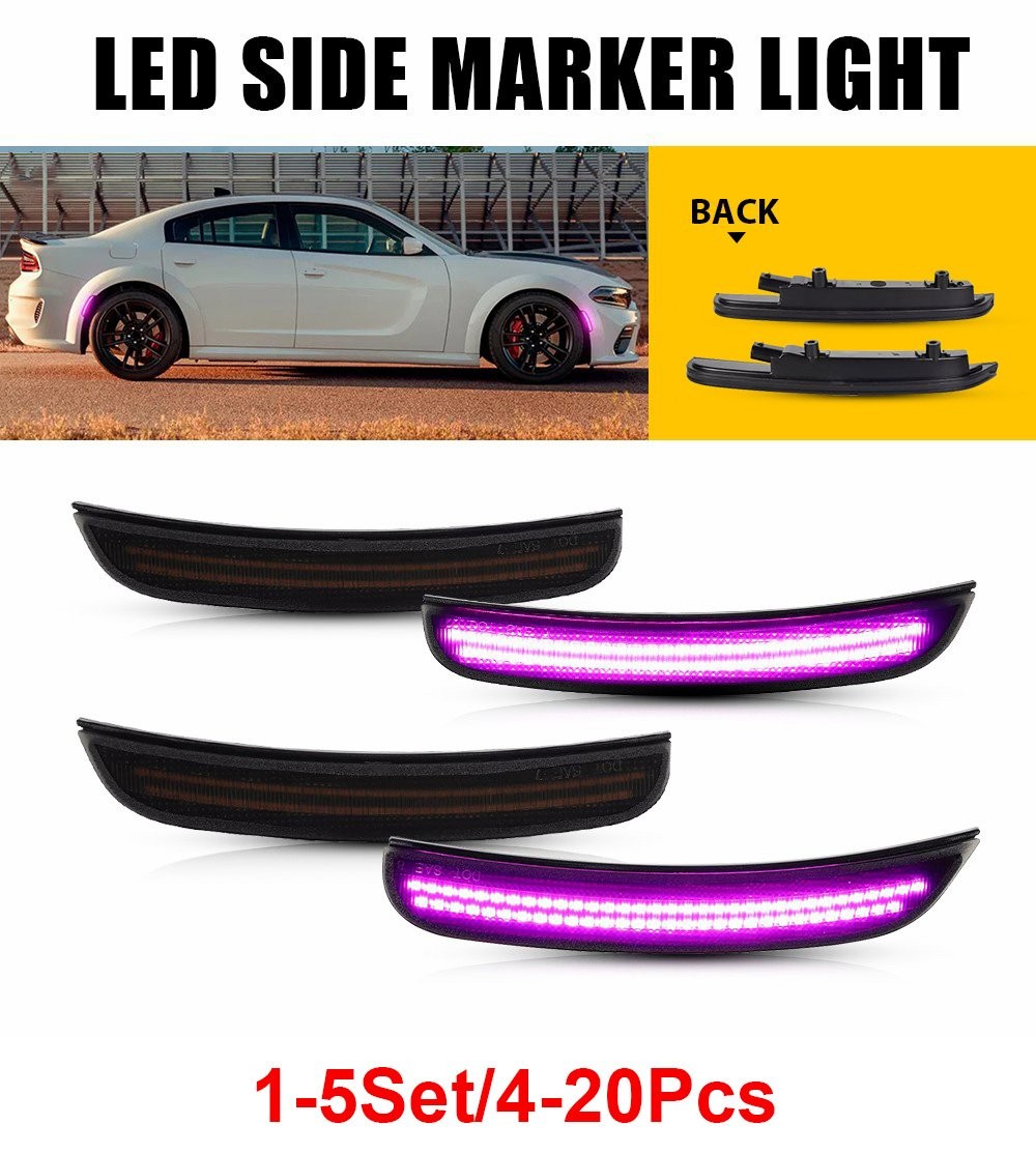 1-5Set Front Rear Fender LED Side Marker Light Smoked For 2015-22 Dodge Charger