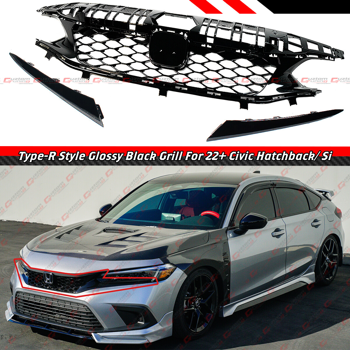FOR 22-24 HONDA CIVIC SI & HATCHBACK TYPE-R STYLE GLOSS BLACK FRONT GRILLE GRILL FOR 22-24 HONDA CIVIC SI & HATCHBACK TYPE-R STYLE GLOSS BLACK FRONT GRILLE GRILL