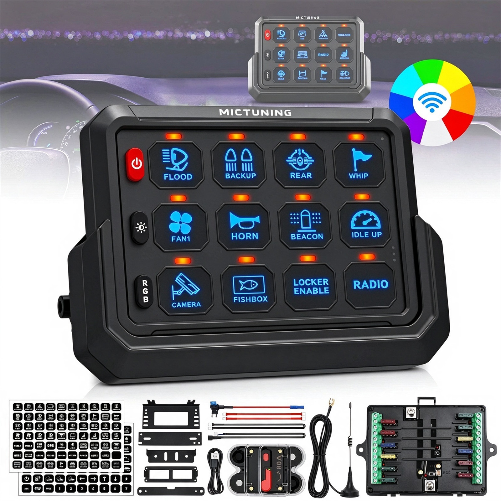 MICTUNING 12v Wireless 12 Gang Switch Panel LED Light System For Jeep Wrangler