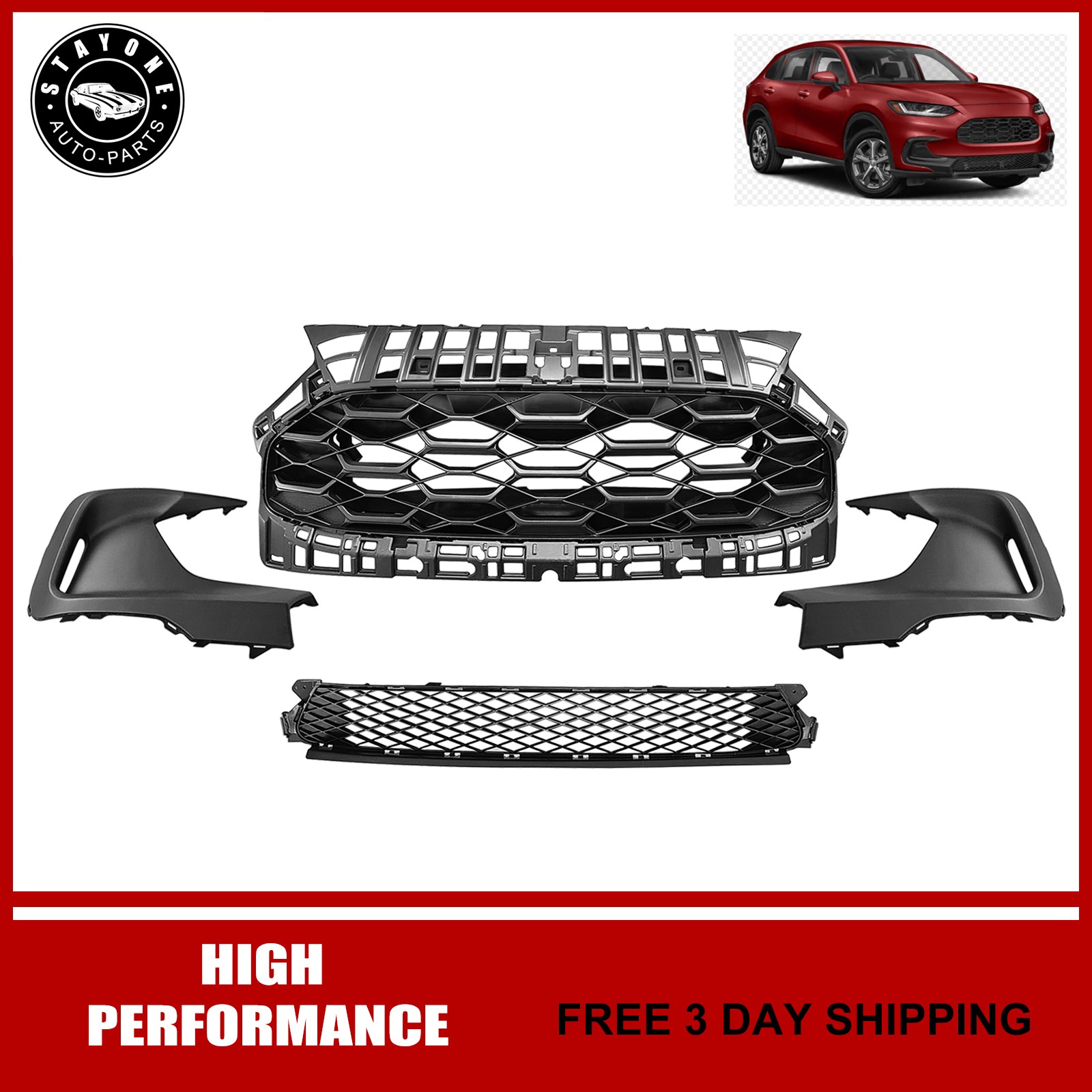New Front Bumper Lower & Upper Grille With Fog Bezel For 2023 2024 Honda HR-V