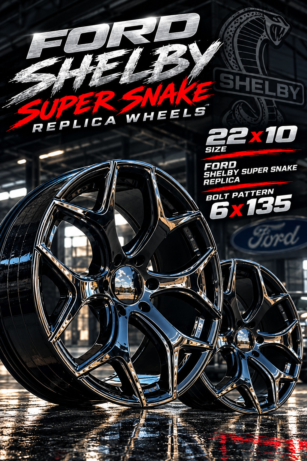22x10 Ford Shelby Super Snake Replica Wheels Gloss Black 6x135 +25 set of 4