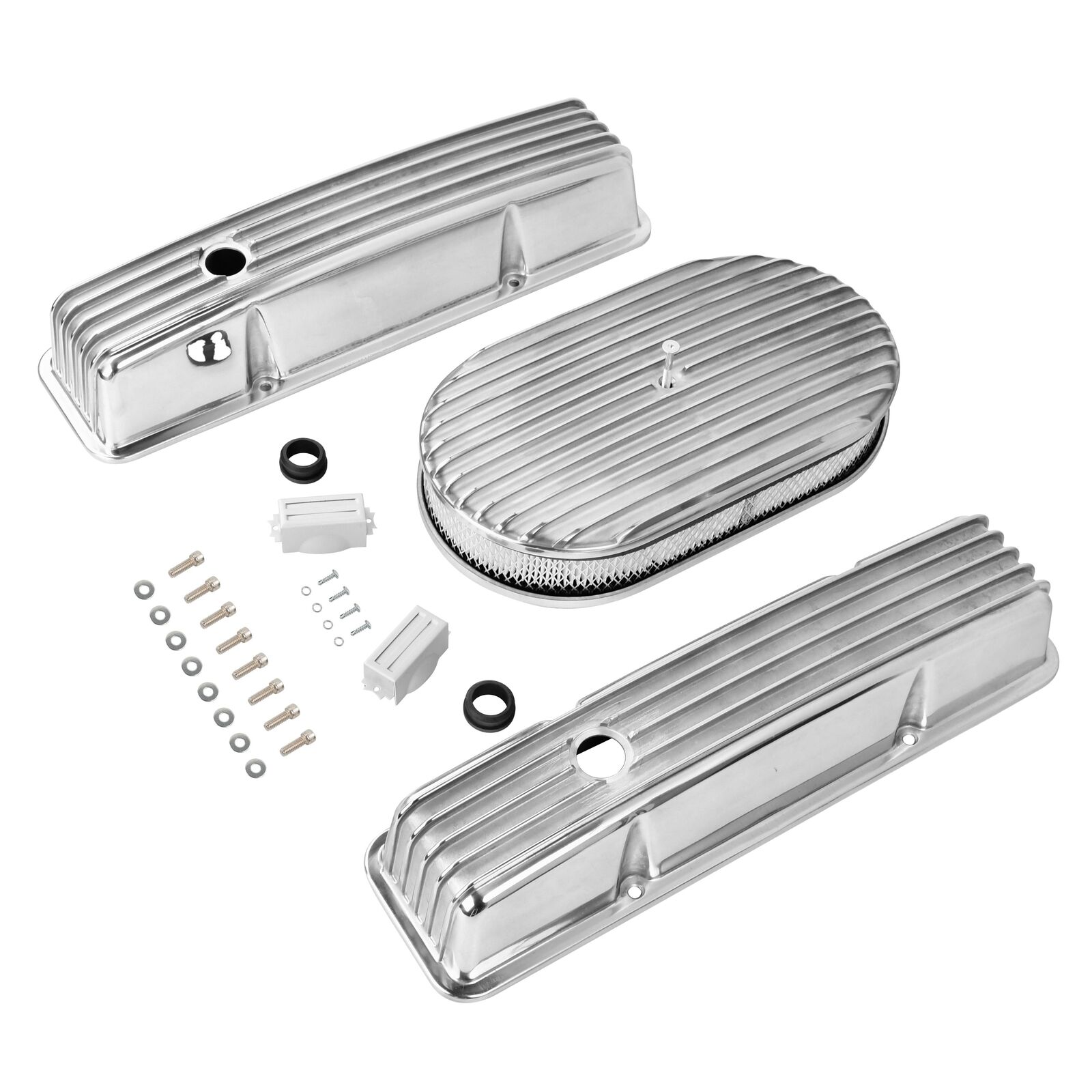 Aluminum Finned Tall Valve Cover&15'' Air Cleaner for 1958-86 SBC Chevy 350 400