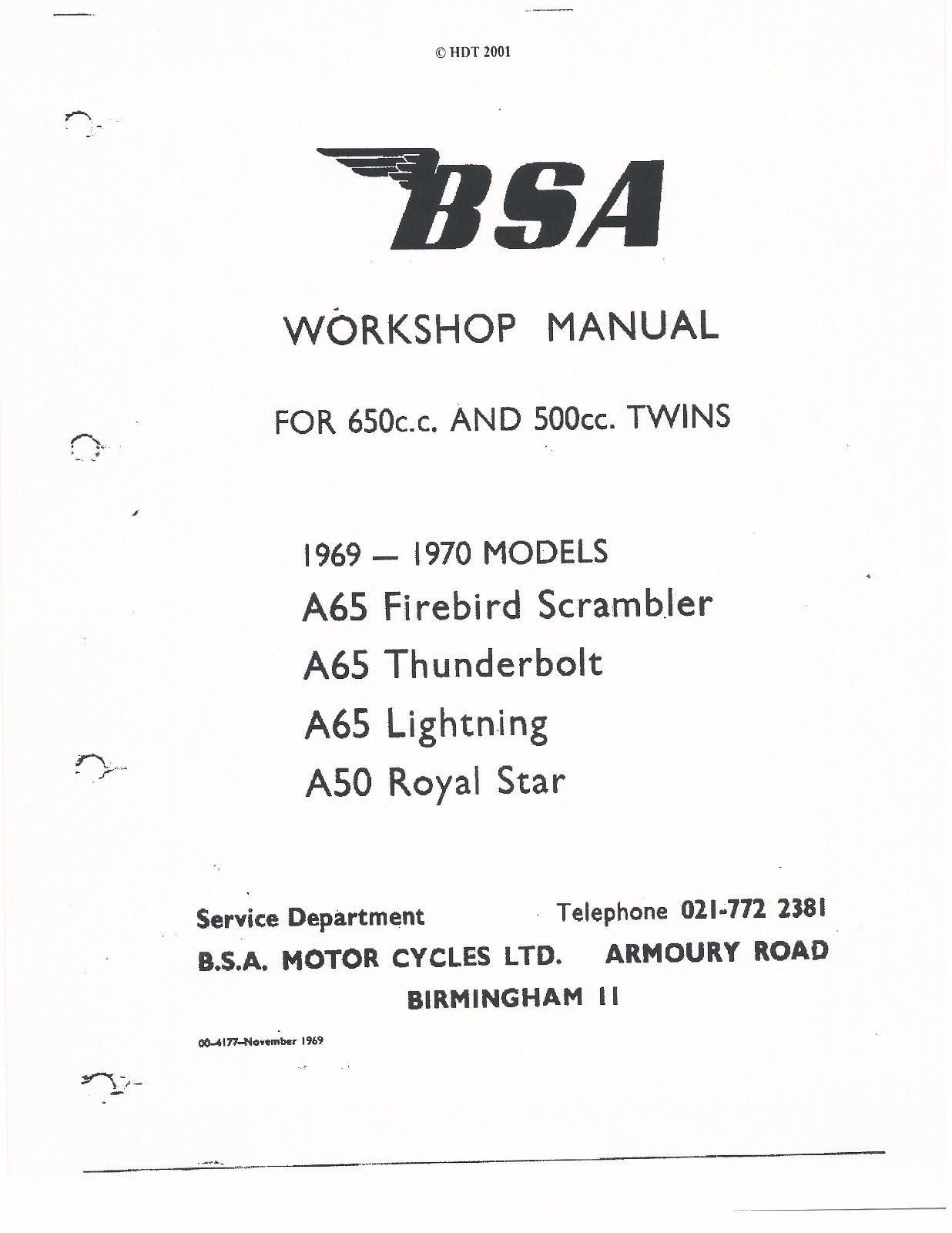 BSA workshop service manual 1969 & 1970 A65 Lightning