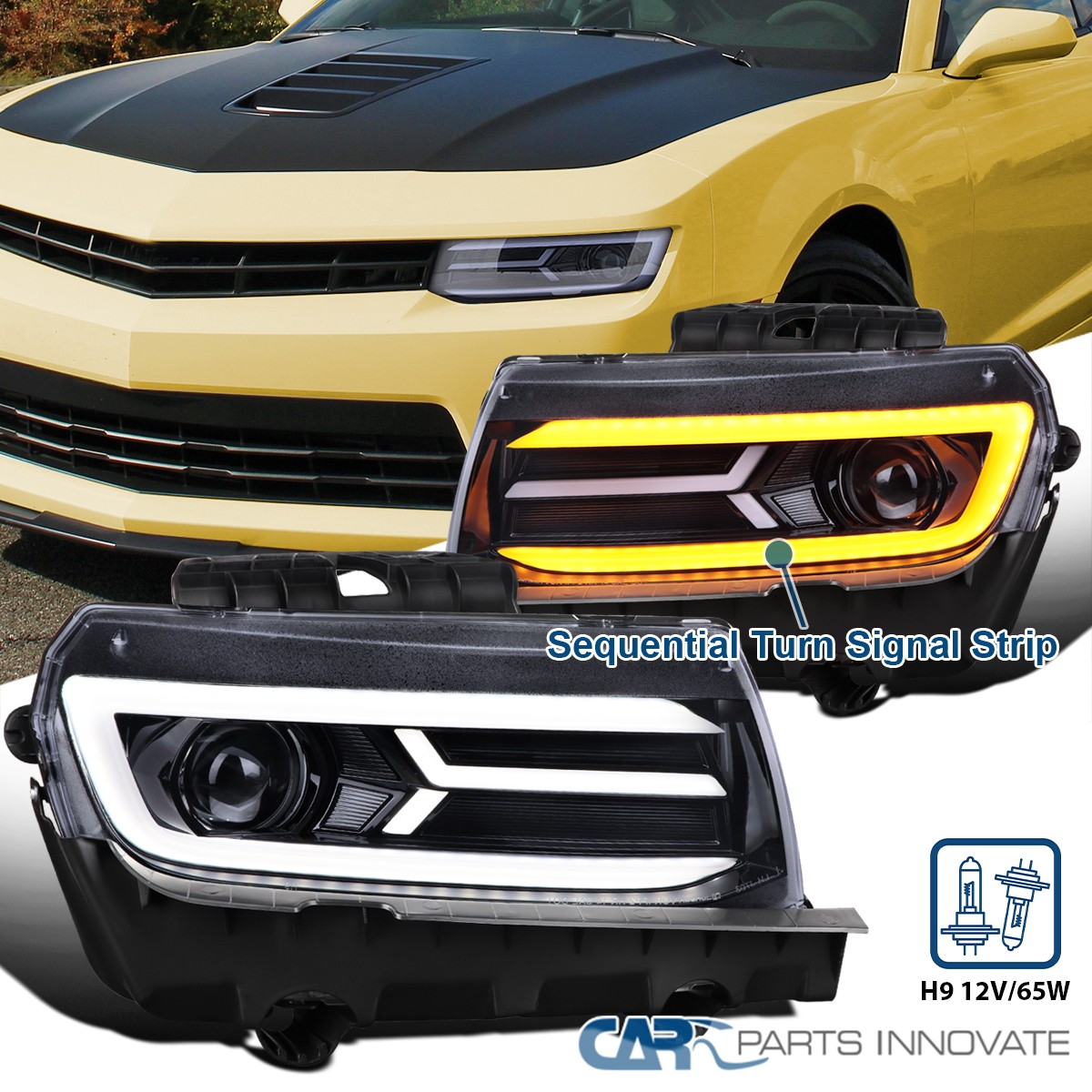 Fit 2014-2015 Chevy Camaro Smoke Projector Headlights Switchback Sequential LED
