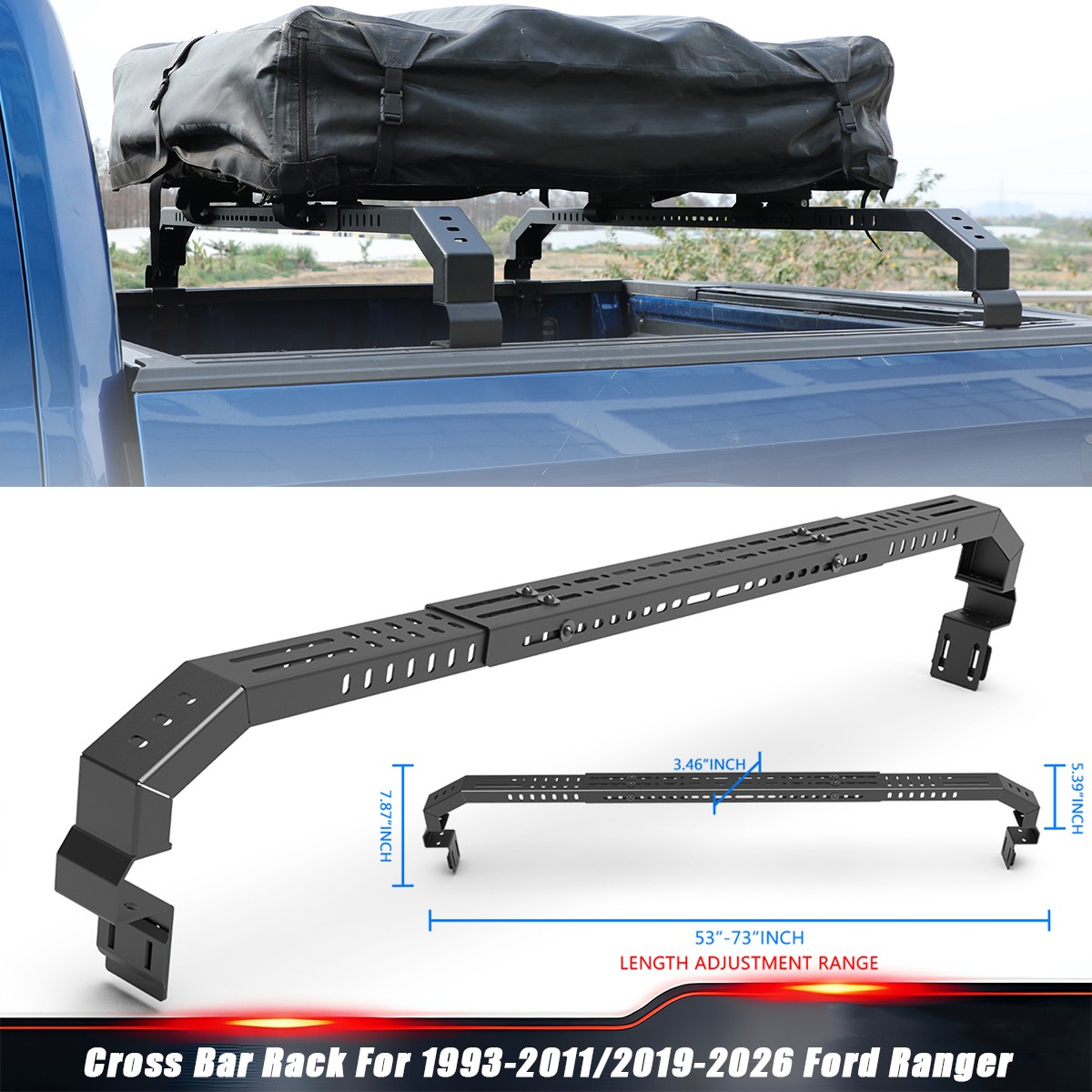 For 1993-2011/2019-2026 Ford Ranger Adjustable Width Truck Bed Cross Bar Rack