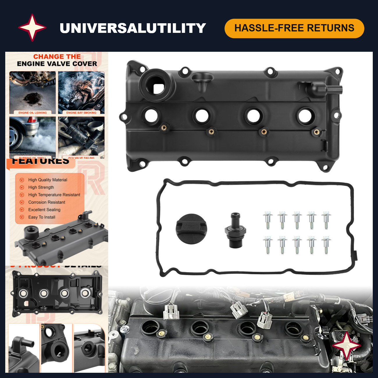 Engine Valve Cover Set w/Gasket, Bolts & Oil Cap for Nissan 2.5L Vehicles
