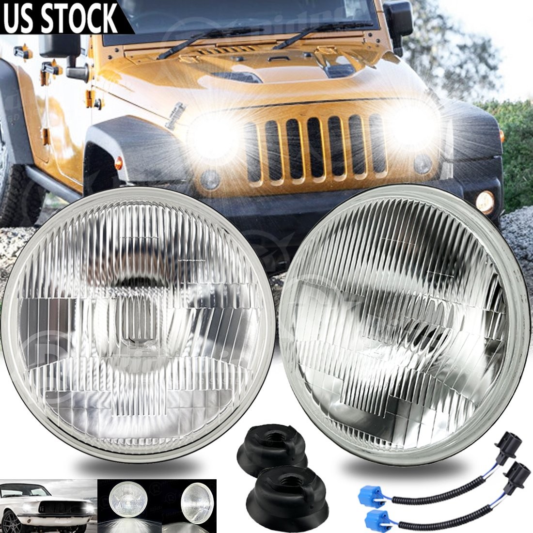 Pair 7 Inch LED GLASS Headlight Round, ORIGINAL CLASSIC LOOK Conversion Chrome