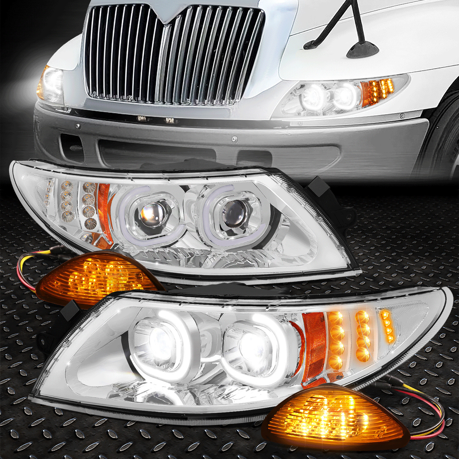 For 02-16 International 4400 8500 LED DRL Projector Headlight+Side Marker Chrome For 02-16 International 4400 8500 LED DRL Projector Headlight+Side Marker Chrome