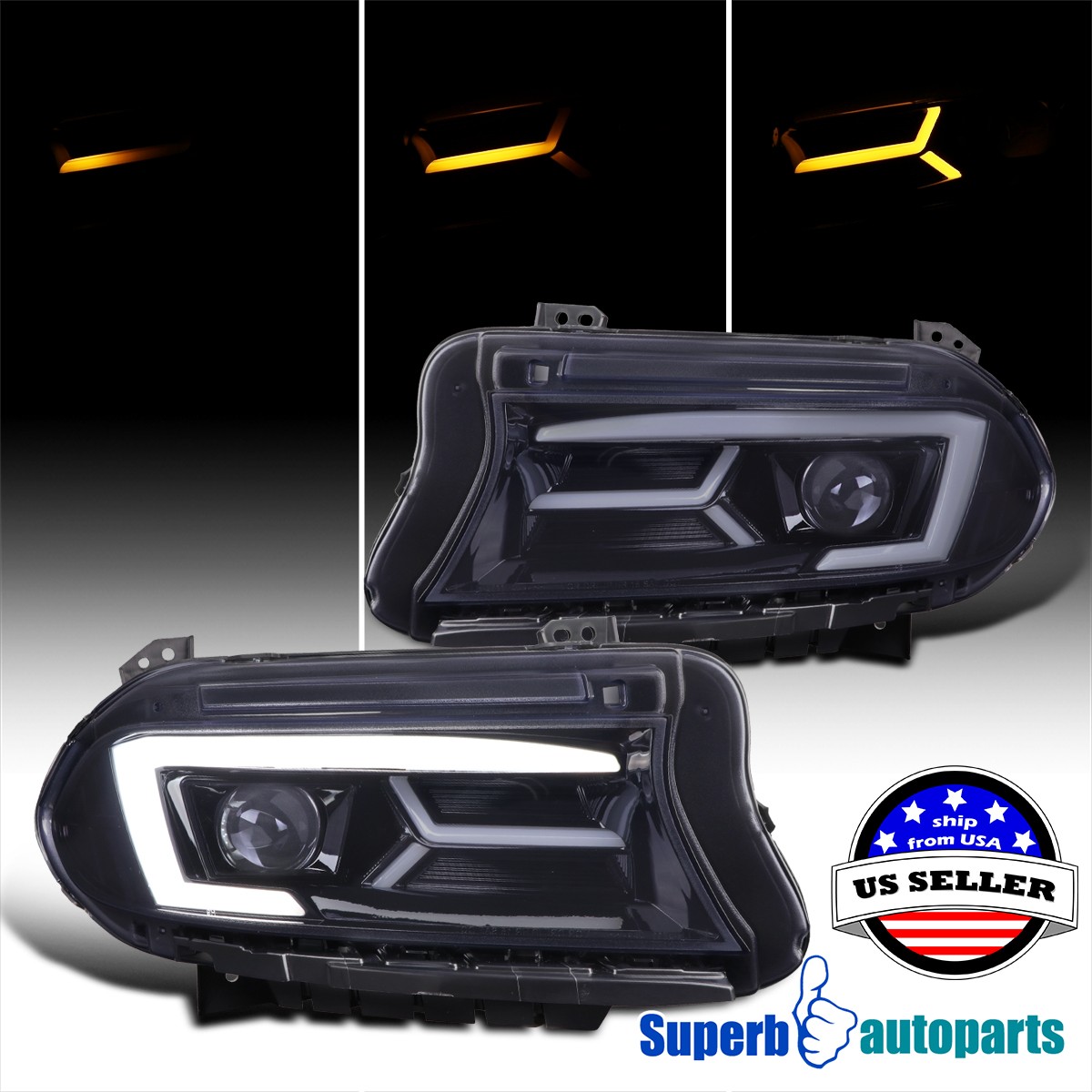 For 2015-2023 Dodge Charger Smoke Projector Headlights+LED Sequential Signal L+R