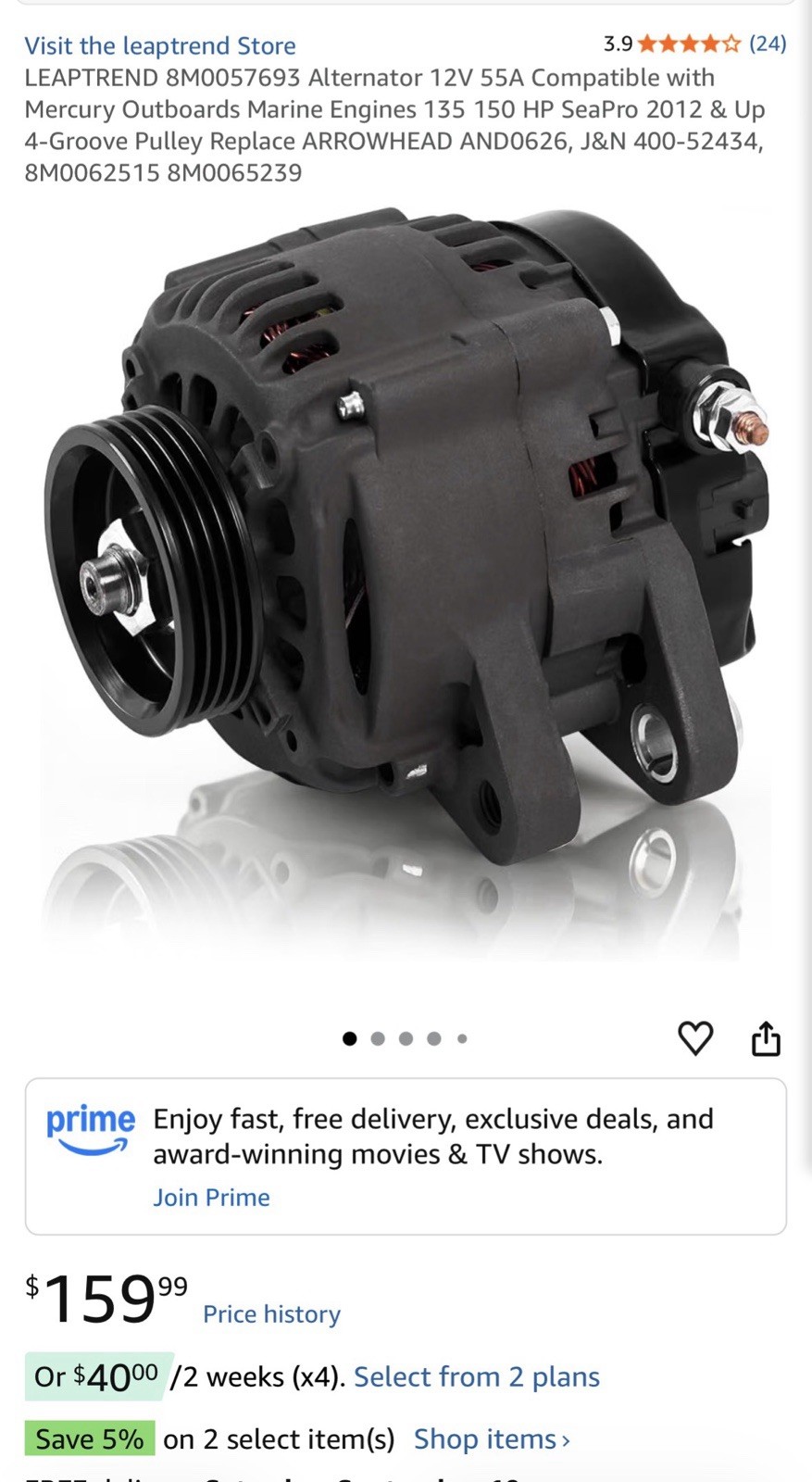 8M0057693 55A Alternator Mercury Outboard 135 150HP SeaPro 2012-Up 4-Groove