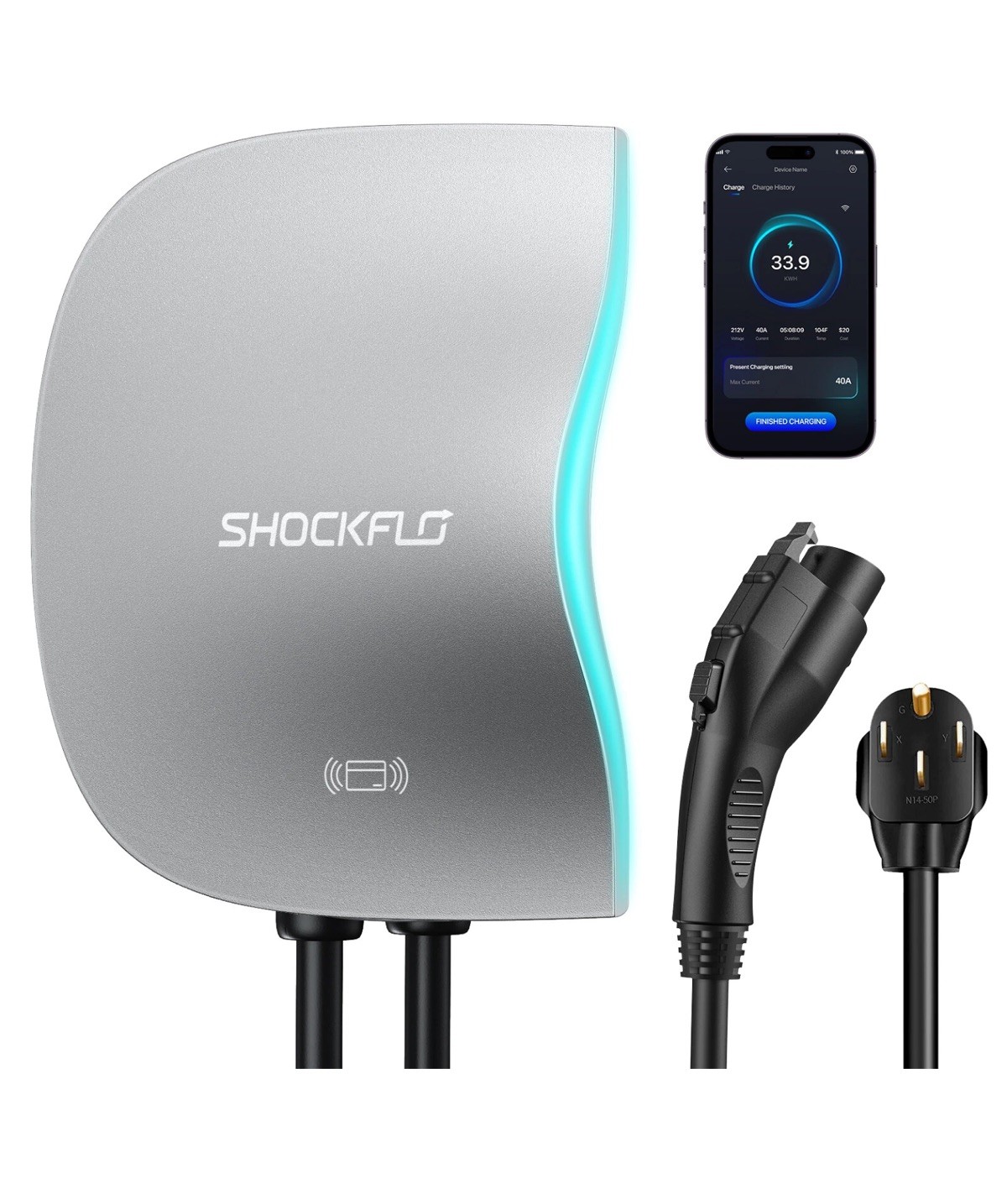 Shockflo S1 Wifi App & RFID Level 2 Wall Mounted EV Charger 40A J1772 UL 17FT Shockflo S1 Wifi App & RFID Level 2 Wall Mounted EV Charger 40A J1772 UL 17FT