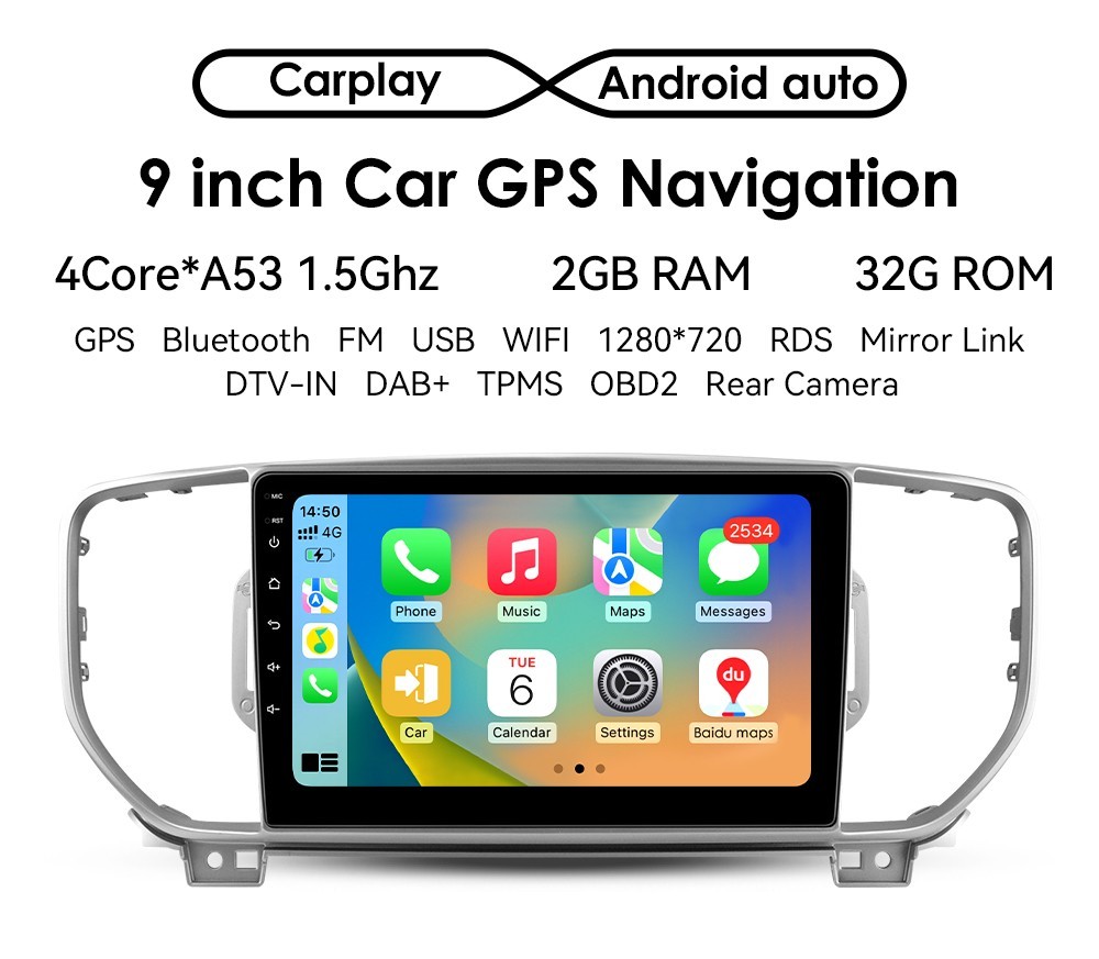 For Kia Sportage 2016 2017 2018 Android 14 Car Radio CarPlay GPS WiFi 32G Stereo