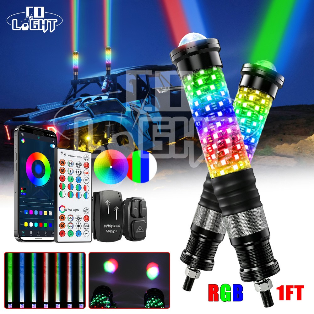 Pair 1FT Laser-Multicolor Fat LED Whip Light RGB Chasing Antenas APP Control UTV