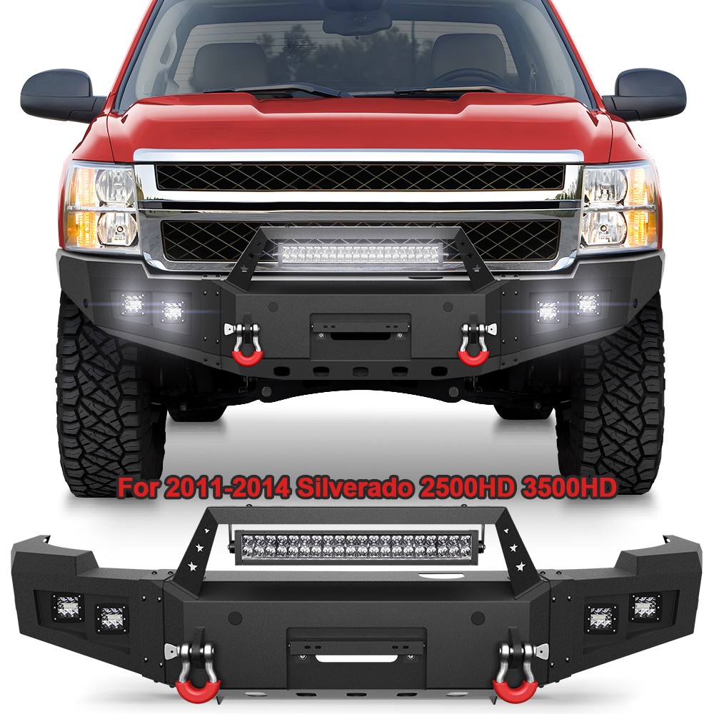 Front Bumper For 2011-2014 Silverado 2500HD 3500HD Winch Plate LED Lights Drings