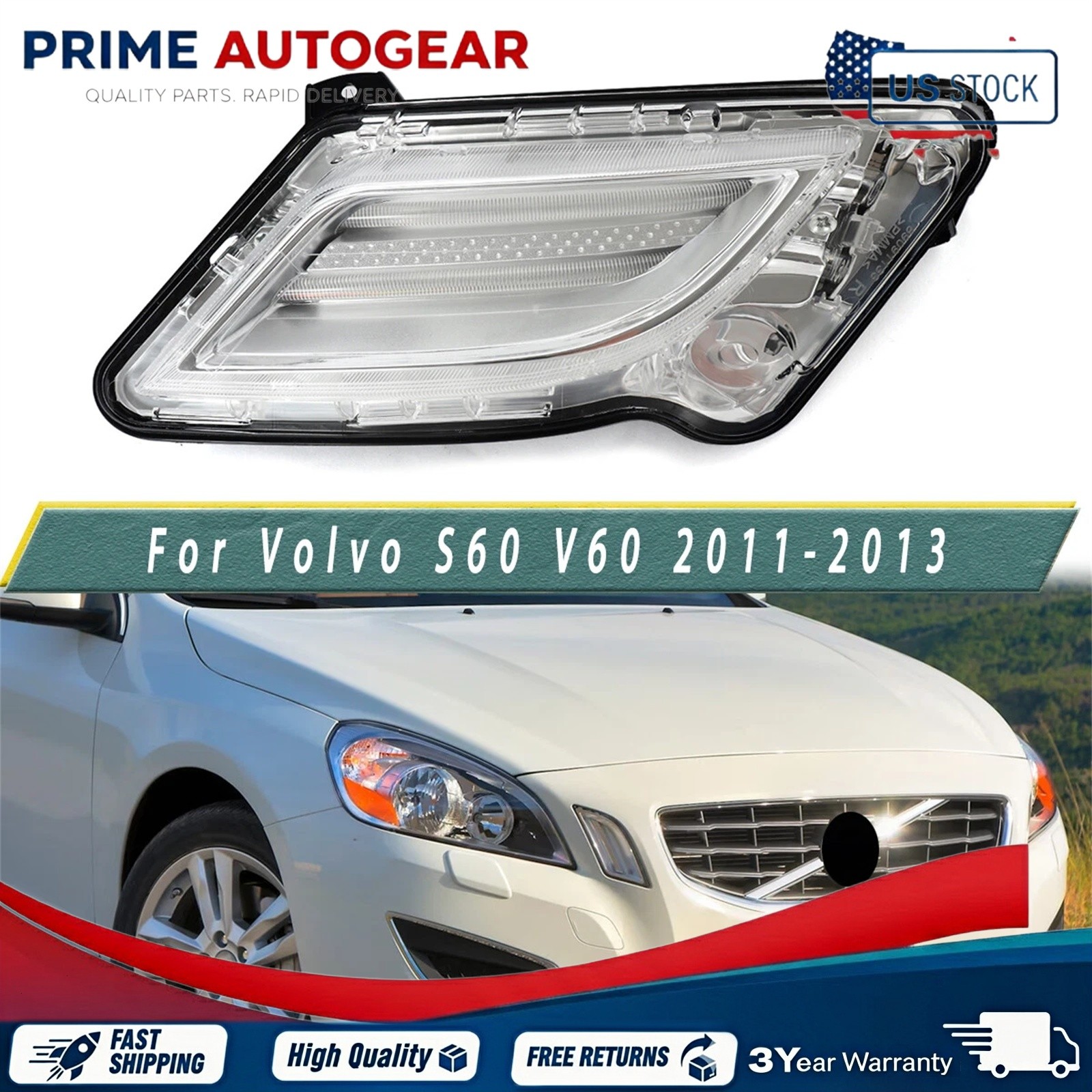1 Pcs Right Side Lower Front Driving LED Lamp Fits for 2011 2012 2013 Volvo S60