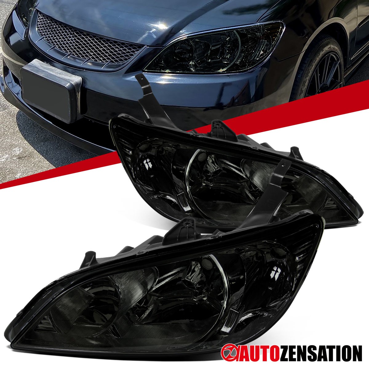 Fit 2004-2005 Honda Civic Coupe Sedan Smoke Headlights Lamps Left+Right 04-05 Fit 2004-2005 Honda Civic Coupe Sedan Smoke Headlights Lamps Left+Right 04-05