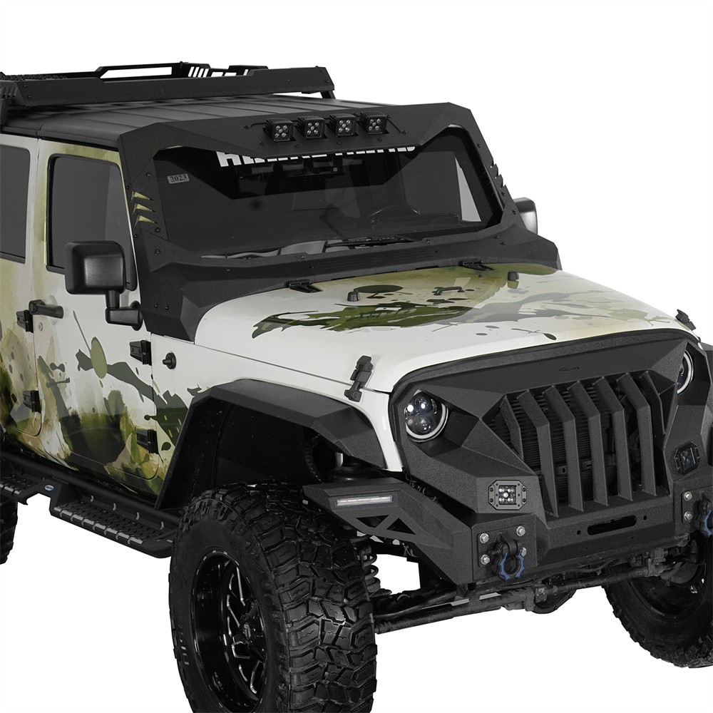 Fit 07-18 Jeep Wrangler JK Madmax Windshield Frame Cover Armor w/ 4* LED Light