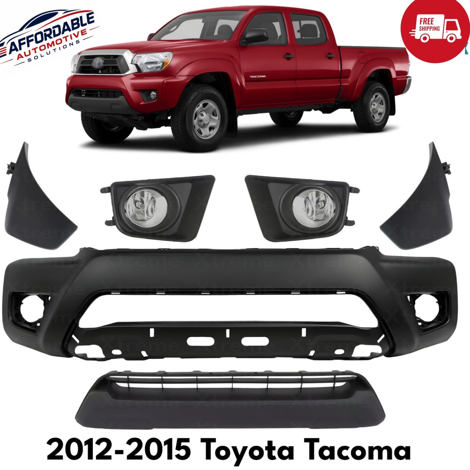 Front Bumper Cover Primed Plastic & Fog Lights Kit For 2012-2015 Toyota Tacoma