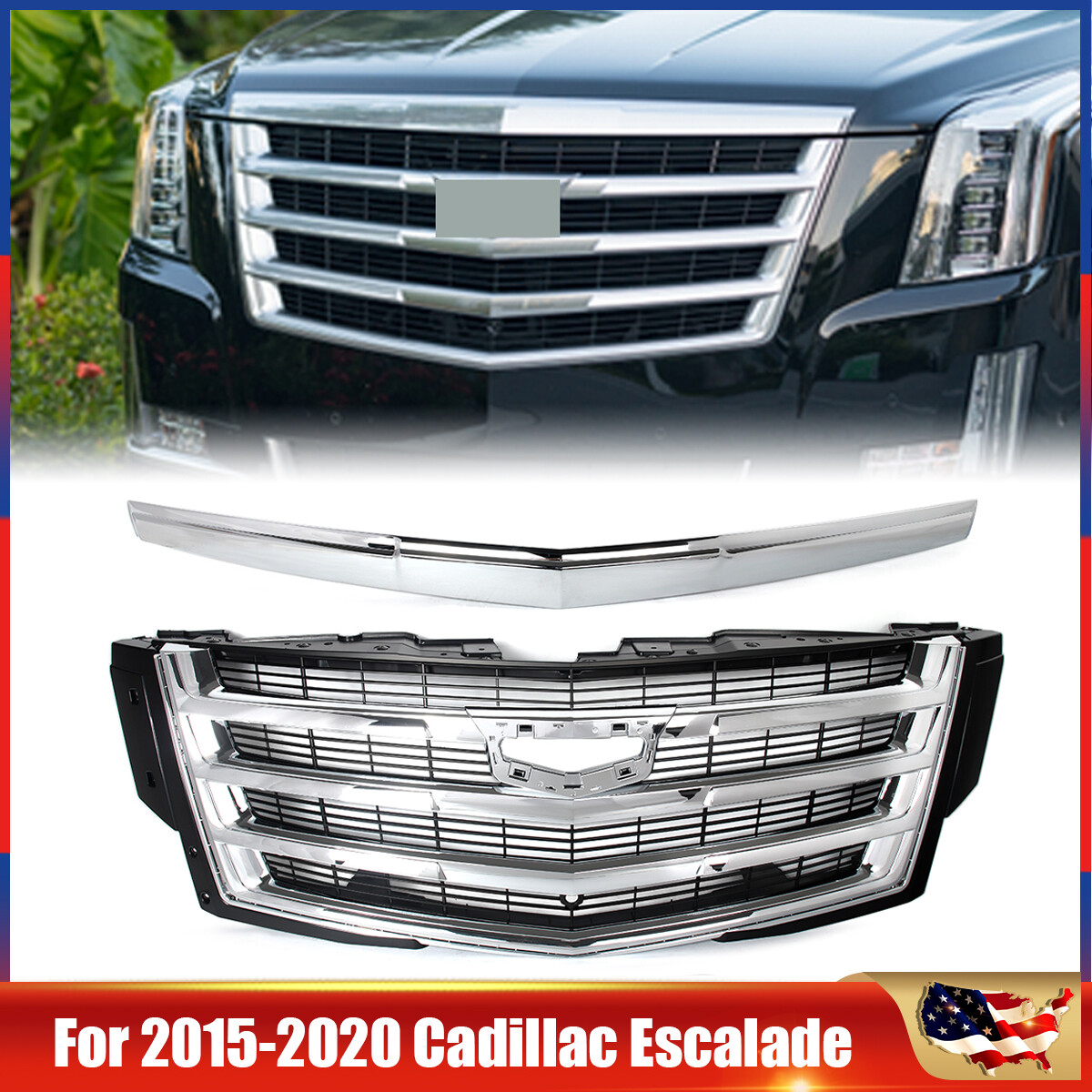 2PCS Chrome Front Upper Grille + Hood Molding Trim For Cadillac Escalade 2015-20 2PCS Chrome Front Upper Grille + Hood Molding Trim For Cadillac Escalade 2015-20