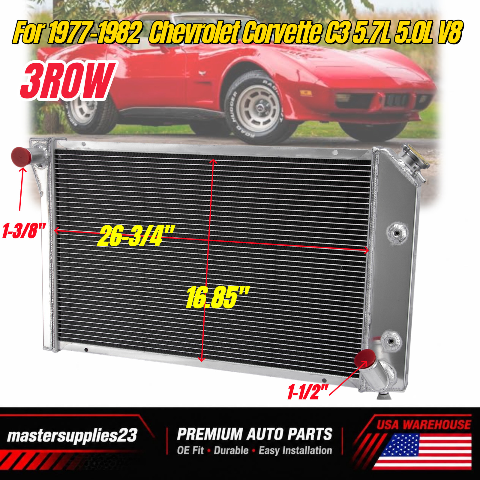 3-Row Aluminum Radiator For 77-1982  Chevrolet Corvette C3 5.7L 350CU V8 1979