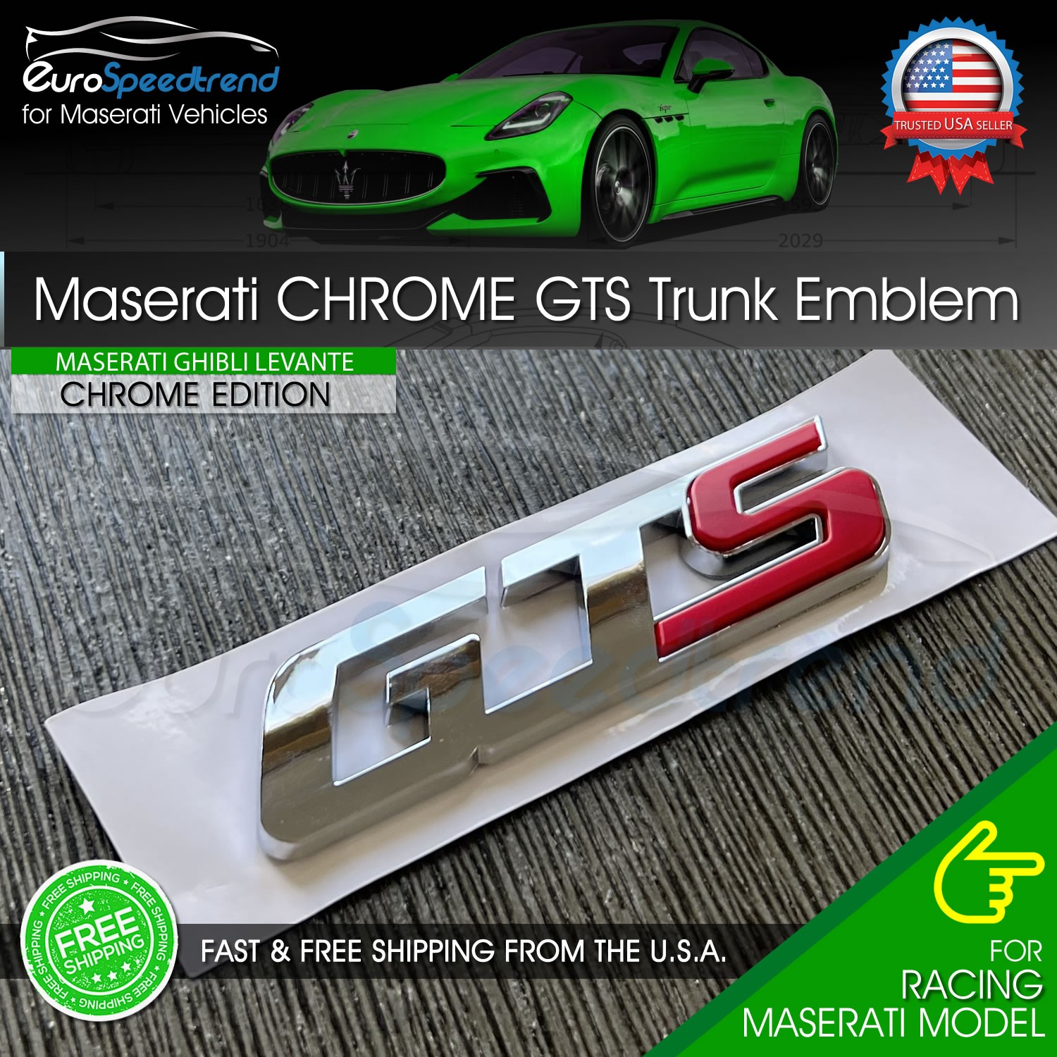 Maserati GTS Chrome Emblem 3D Trunk Logo Badge For Ghibli Quattroporte Levante