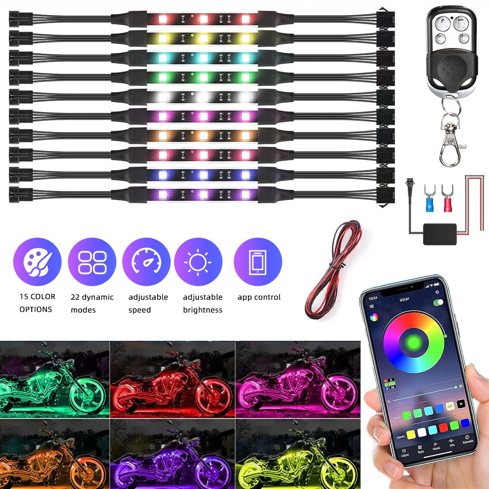 10PCS Motorcycle RGB LED Strip Light Under Glow Neon Kit Bluetooth APP Control 10PCS Motorcycle RGB LED Strip Light Under Glow Neon Kit Bluetooth APP Control
