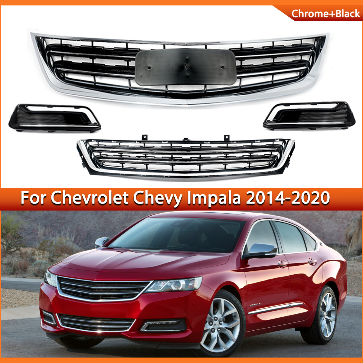 Front Upper & Lower Grille For 2014-2020 Chevy Impala Grill w/ Fog Light Covers Front Upper & Lower Grille For 2014-2020 Chevy Impala Grill w/ Fog Light Covers