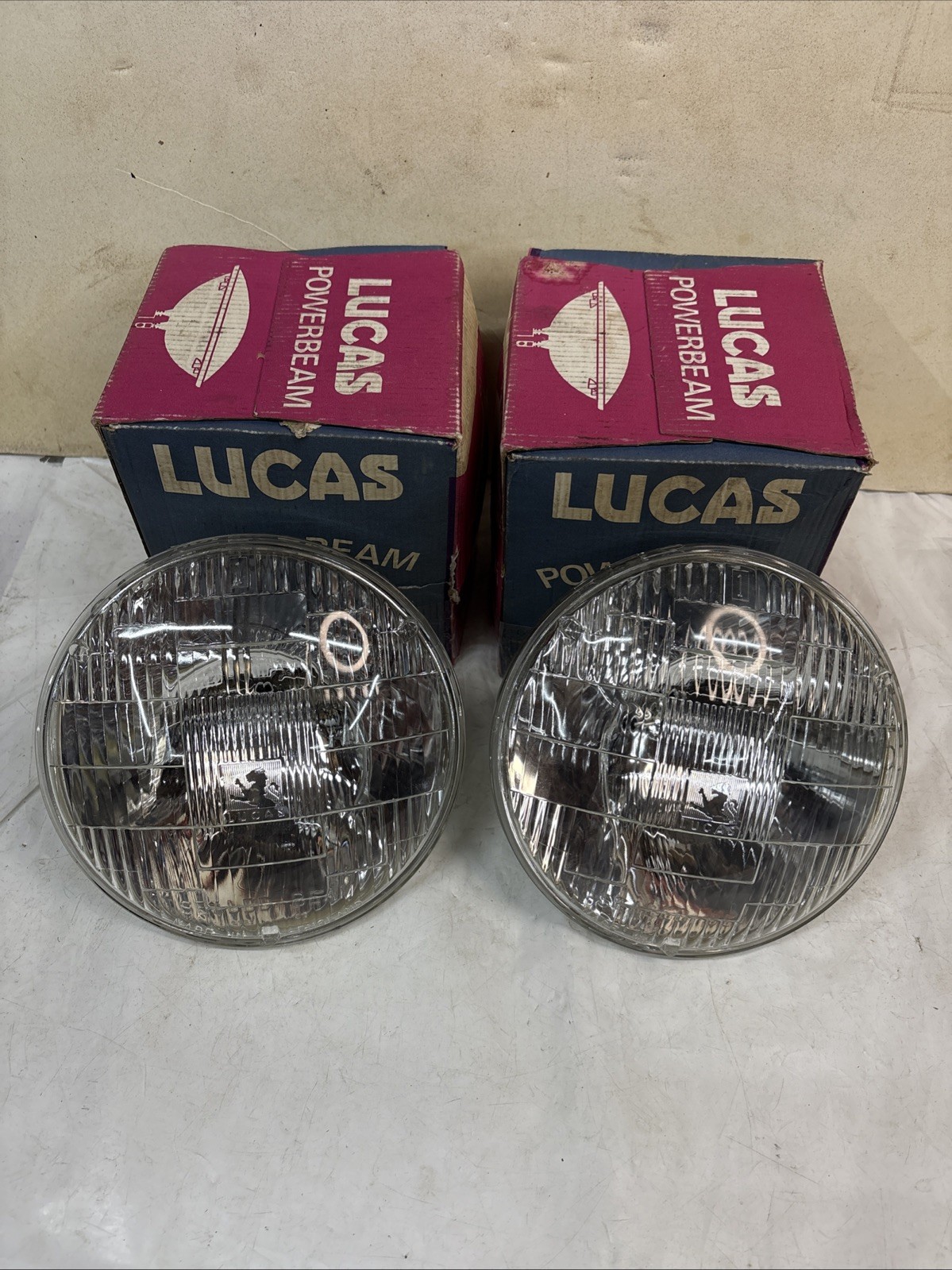 Lucas NOS Pair 7” High Output 75W Driving Lamps /2 Prong Sealed Beam Units. Lucas NOS Pair 7” High Output 75W Driving Lamps /2 Prong Sealed Beam Units.