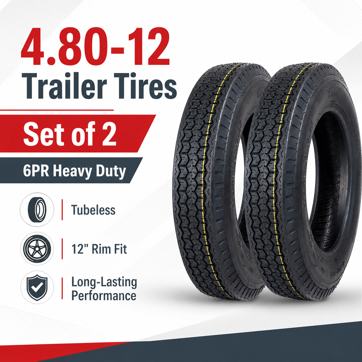 2-Pack 4.80-12 Boat Trailer Tires 4.80x12 6 Ply Load Range C Heavy Duty Tubeless
