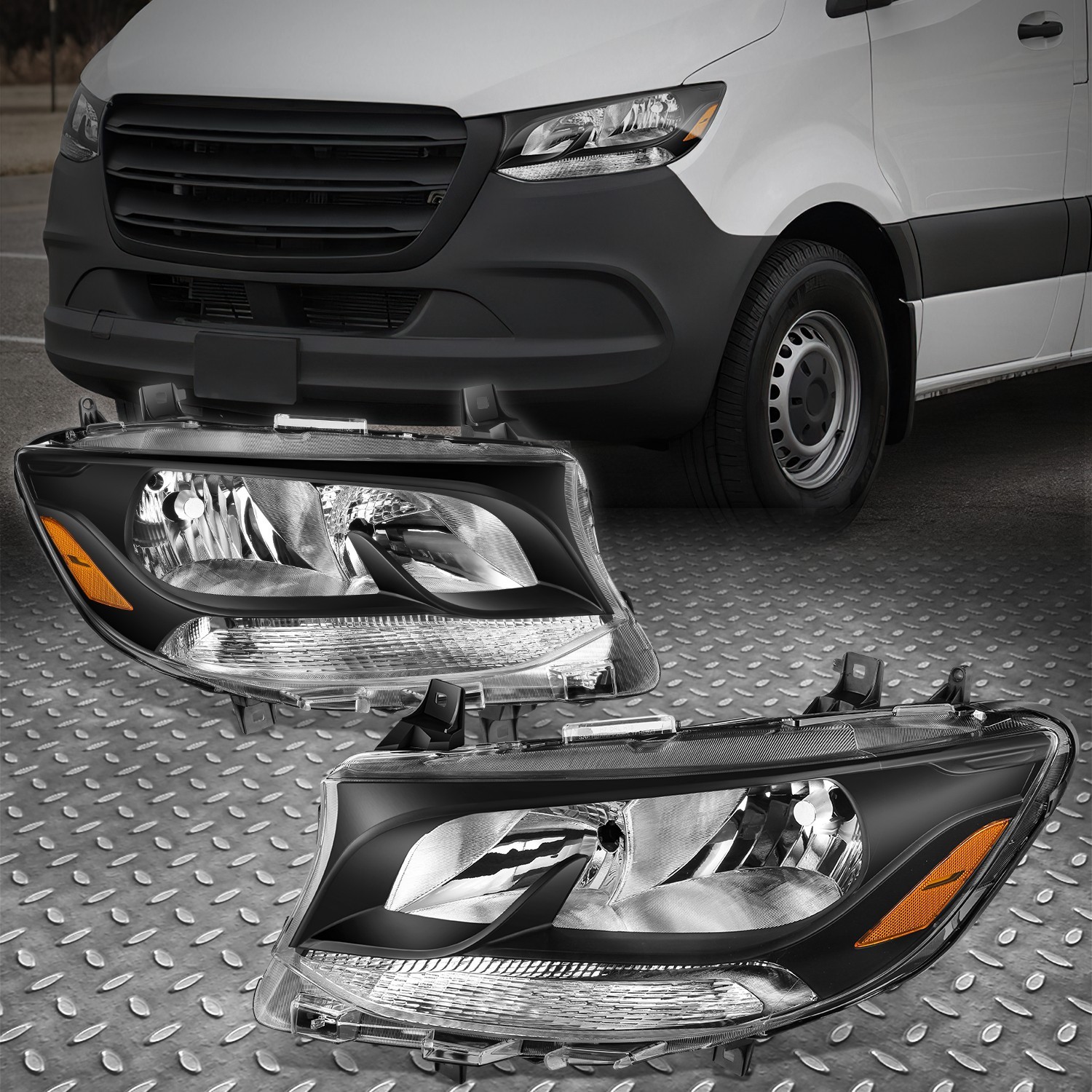 Pair Left + Right Black Amber Halogen Headlight Lamps for Mercedes Sprinter W907 Pair Left + Right Black Amber Halogen Headlight Lamps for Mercedes Sprinter W907