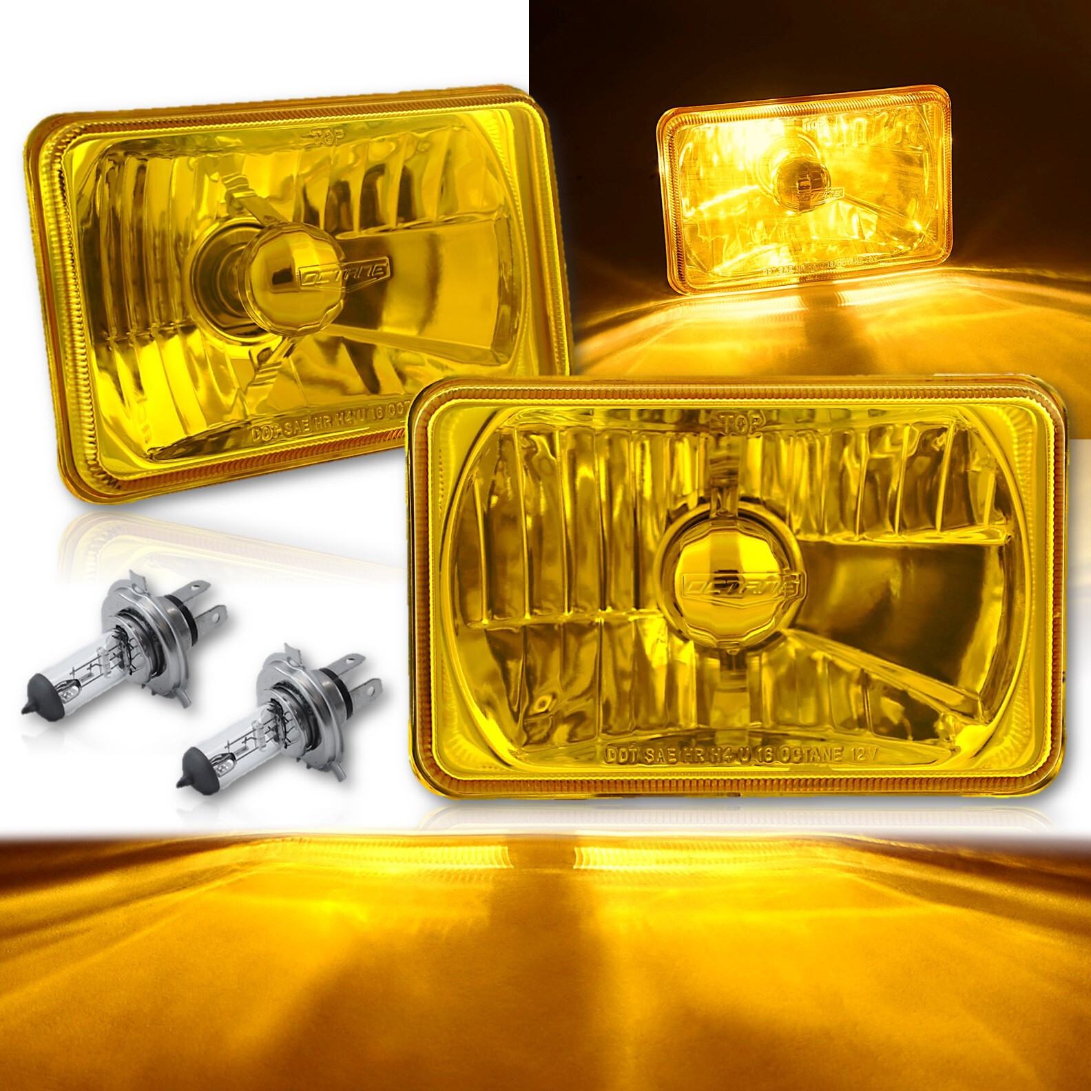 4X6 Crystal Yellow Glass Lens Metal Headlight H4 Halogen Light Bulb Lamp Pair 4X6 Crystal Yellow Glass Lens Metal Headlight H4 Halogen Light Bulb Lamp Pair