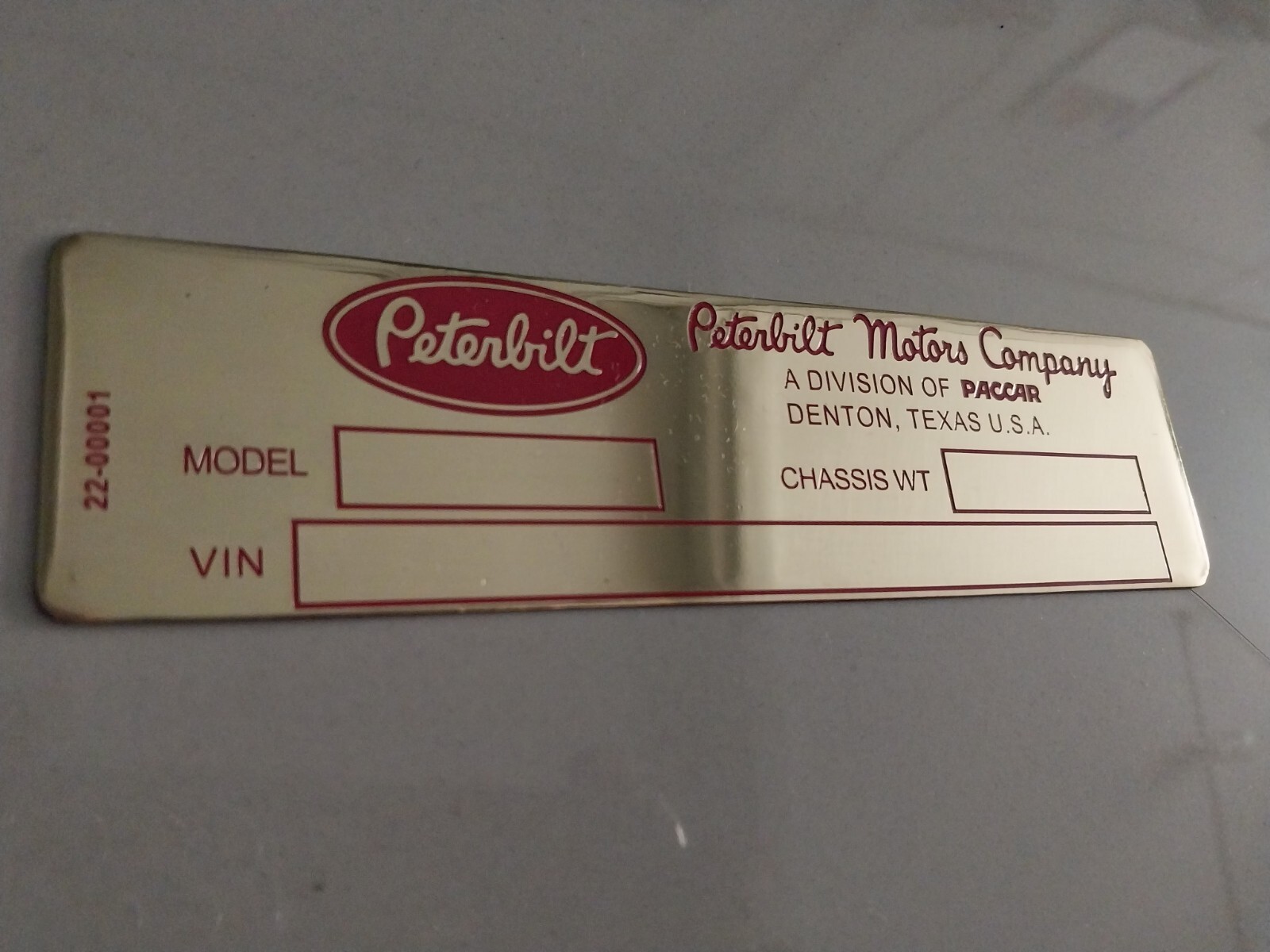 Vintage Peterbilt Data Plate Truck Brass Blank Repro Red