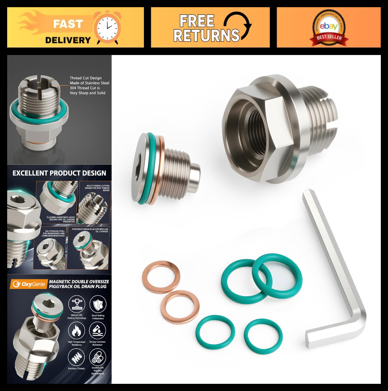 M12x1.5 Magnetic Oil Drain Plug Kit - Oversize Stainless Steel Thread Repair Too