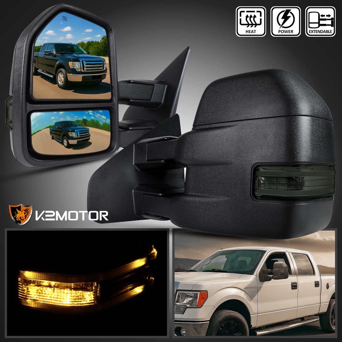 Fits 2007-2014 Ford F150 Power Heated Tow Mirrors Smoke LED Signal Puddle Lights