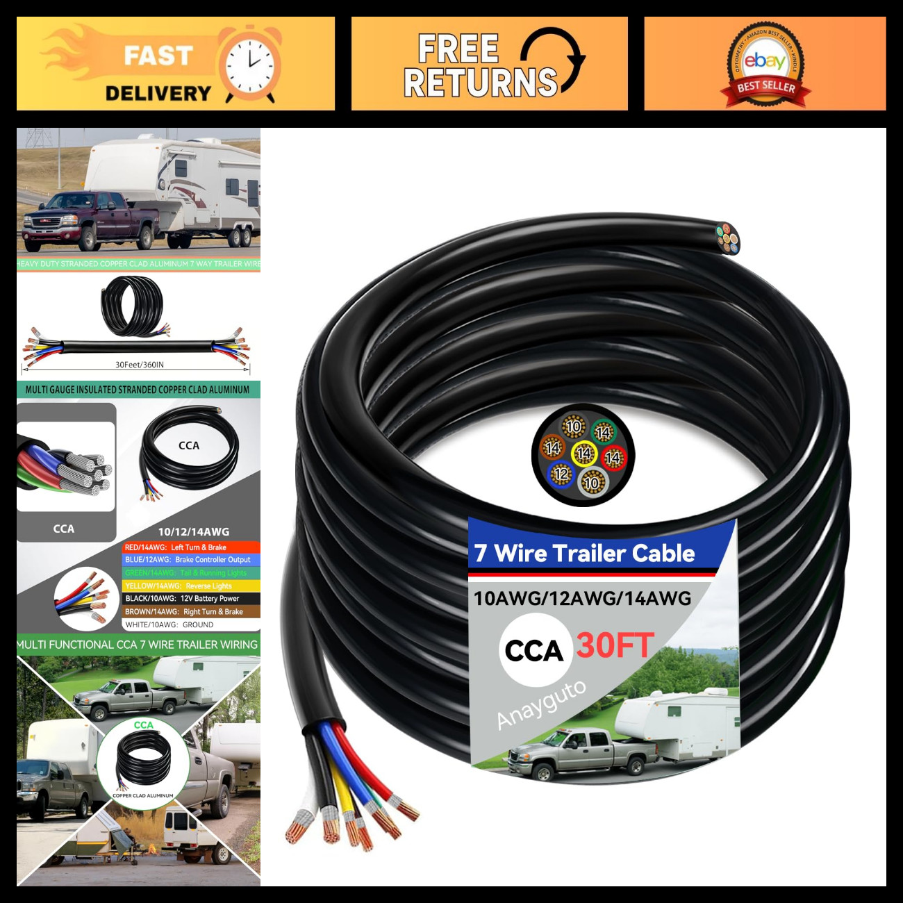 30FT Heavy Duty 7 Wire Trailer Cable CCA Multi Gauge 14/12/10AWG Durable Wiring