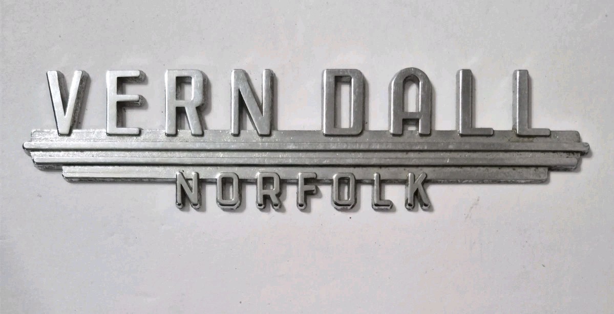 VTG Vern Dall Norfolk Metal Dealer Badge Emblem Tag Nameplate Ship VTG Vern Dall Norfolk Metal Dealer Badge Emblem Tag Nameplate Ship