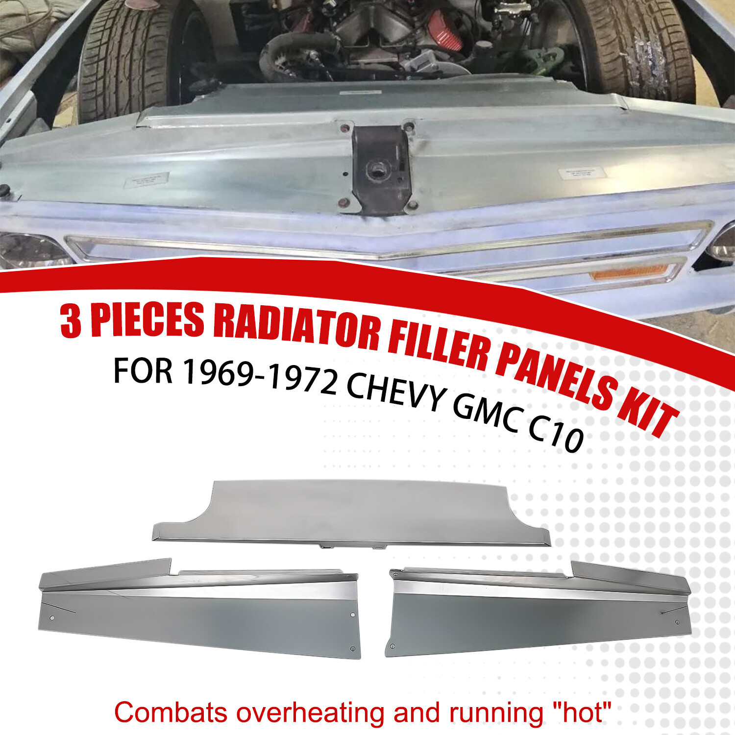 3 Pieces Radiator Filler Panels Kit Smooth Steel for 1969-1972 Chevy GMC C10 new