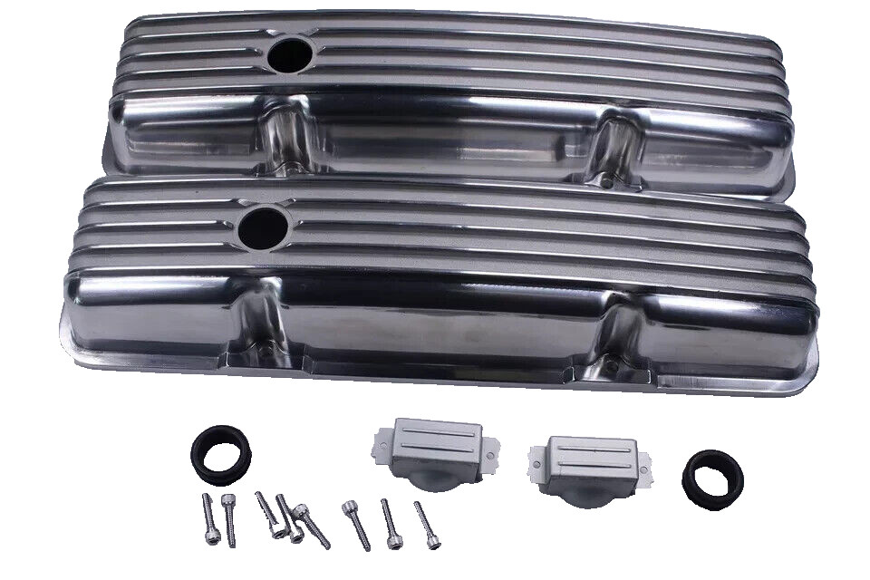 SBC Finned Polished Aluminum Short Valve Covers Fits SB Chevy 327 350 383 400
