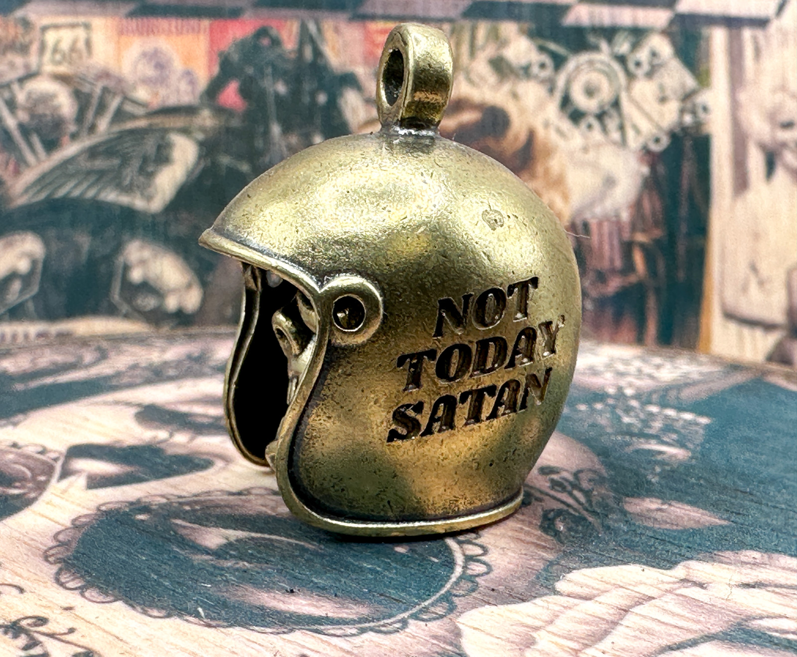 Not Today Satan Brass Skull Motorcycle Guardian Gremlin Bell Chopper Harley Not Today Satan Brass Skull Motorcycle Guardian Gremlin Bell Chopper Harley