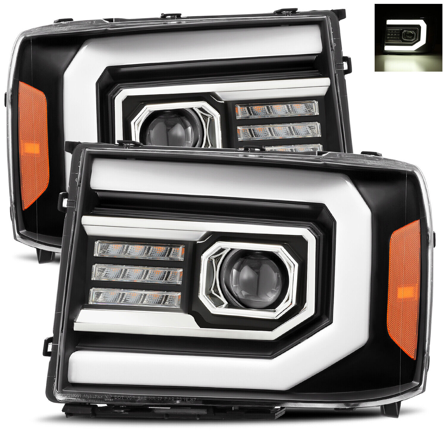 For 07-13 GMC Sierra 1500/2500/3500 DRL LED Tube Black Dual Projector Headlights