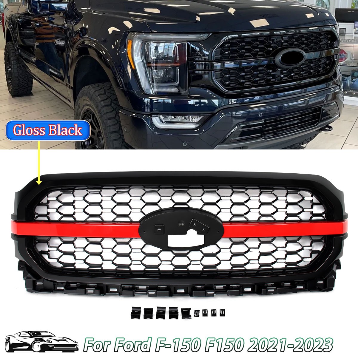 For Ford F-150 F150 Platinum 2021 22 2023 Front Grille Gloss Black Race Red Trim