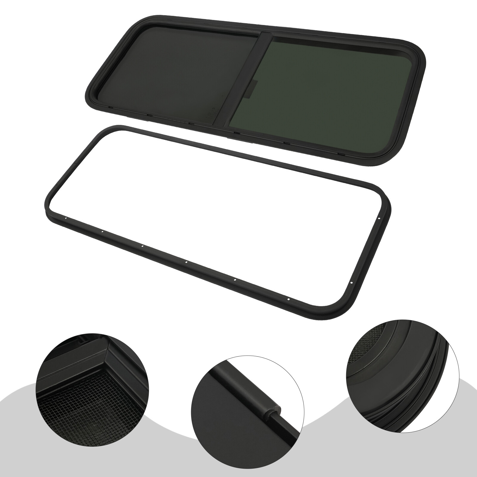 Horizontal Slide Black RV Window Replacement Includes Mounting Ring & Screen Horizontal Slide Black RV Window Replacement Includes Mounting Ring & Screen