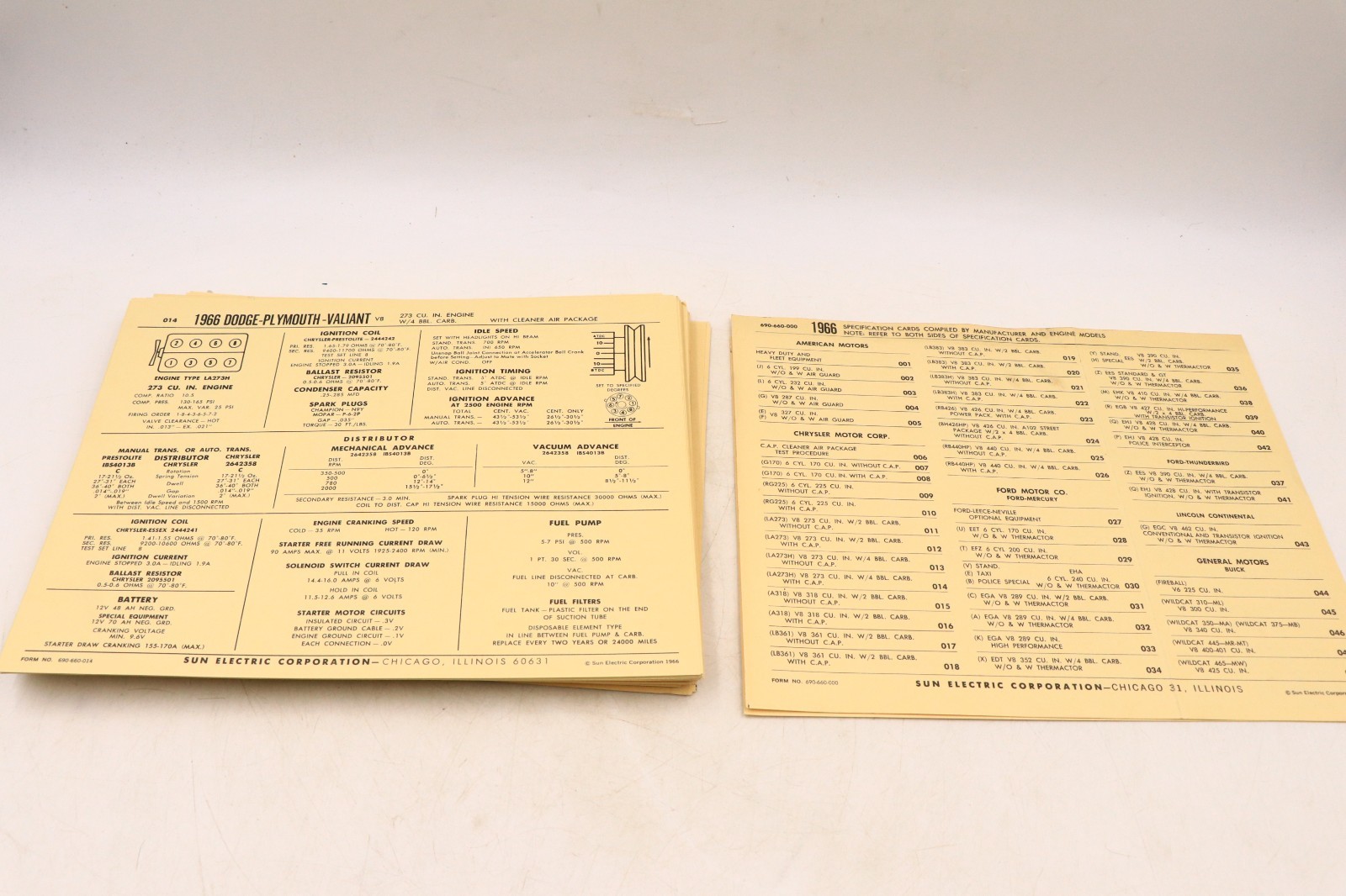 Near Complete Sun Electric 1966 Specification Tune Up Cards #13-94 Lot Of 82