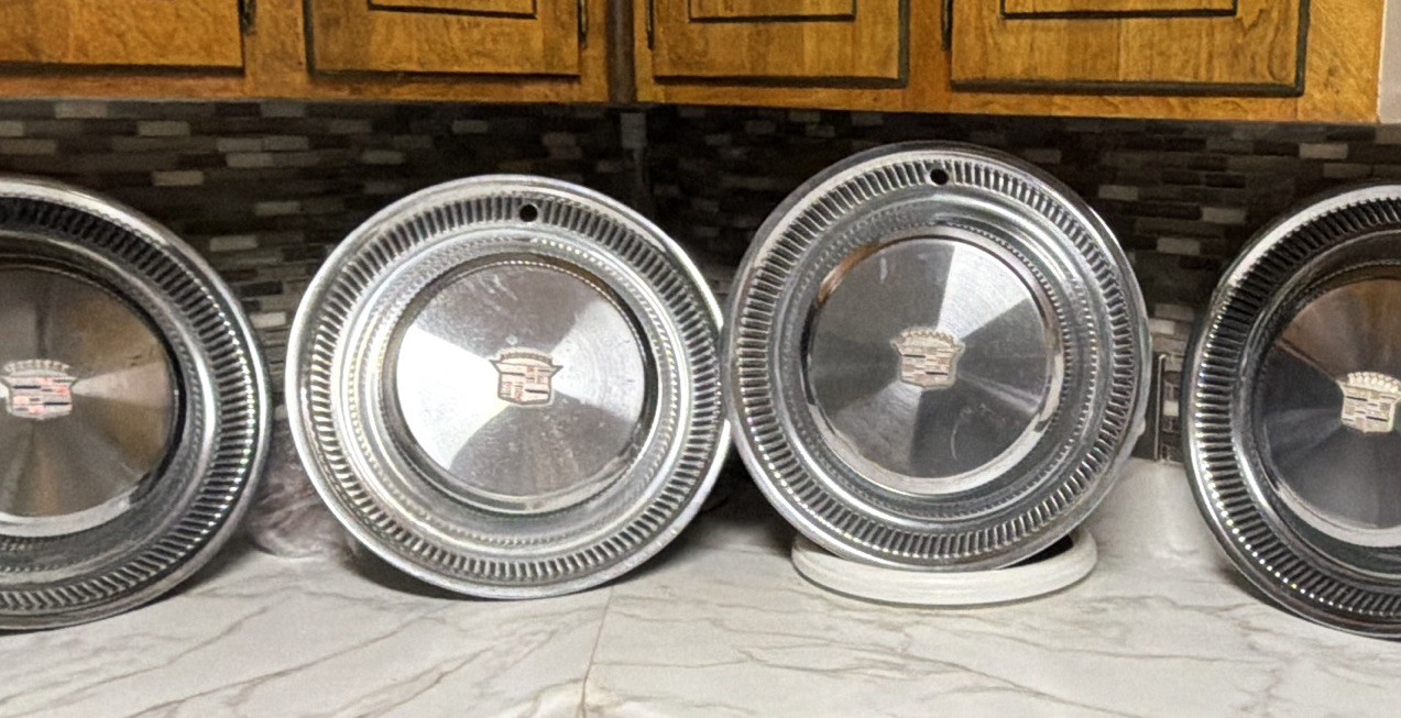 Vintage 1974-76 Cadillac HubcapsTurbine Style, 16.5”, Silver Chrome, Set Of Four