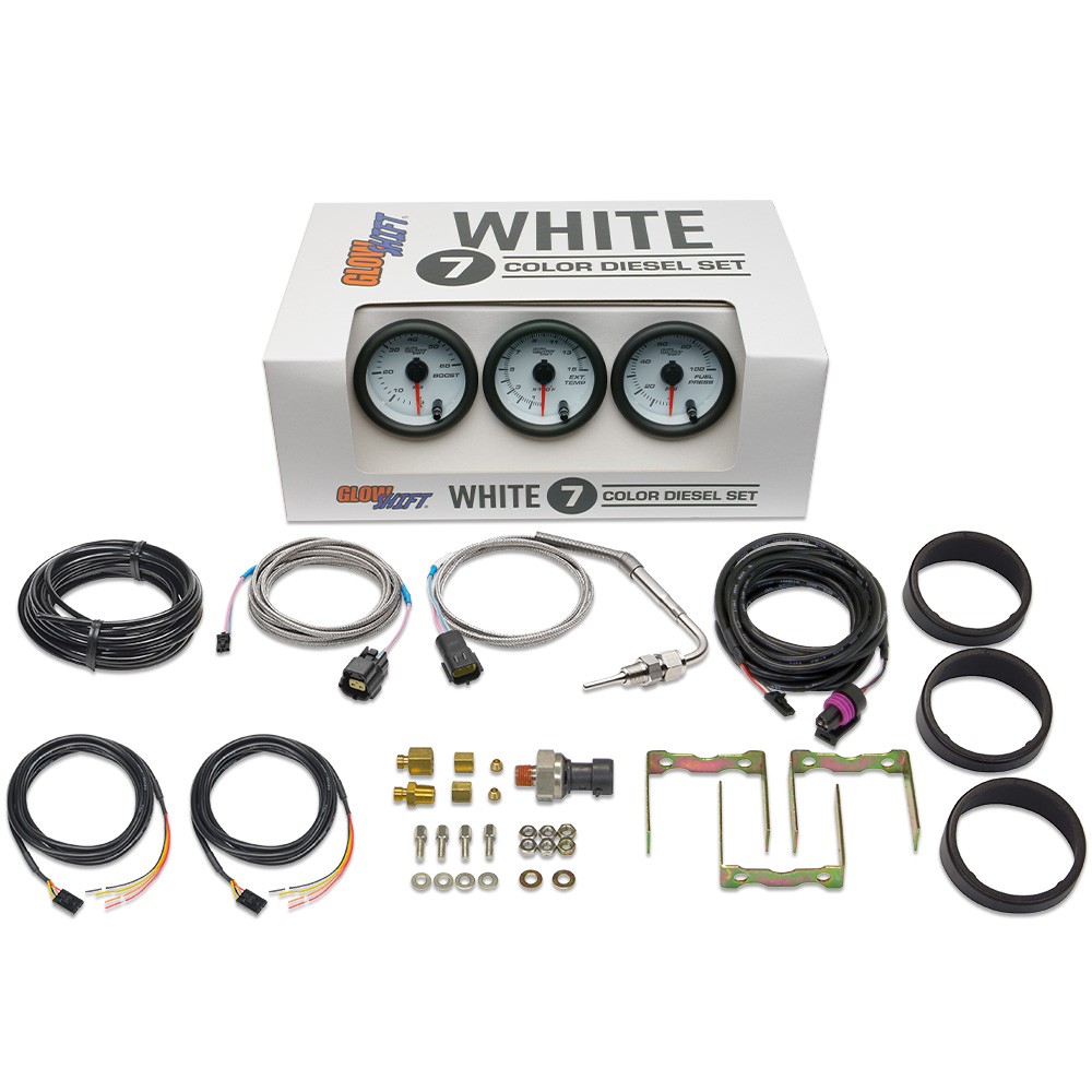 GlowShift Boost, 1500F Pyro EGT & 100 Fuel Pressure Diesel Gauges, White 7 Color